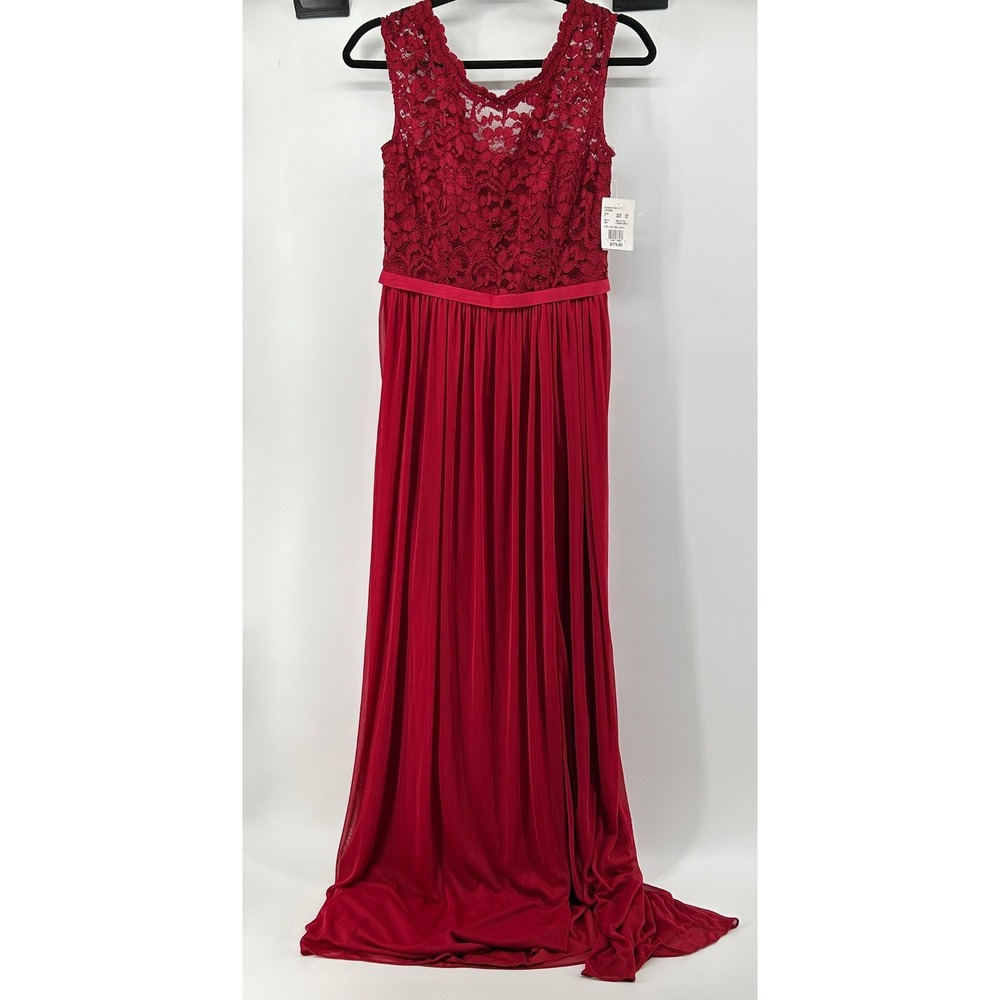 Davids Bridal Red Lace Mesh Cap Sleeve Maxi Gown Dress F19328 Apple Womens 6 NWT
